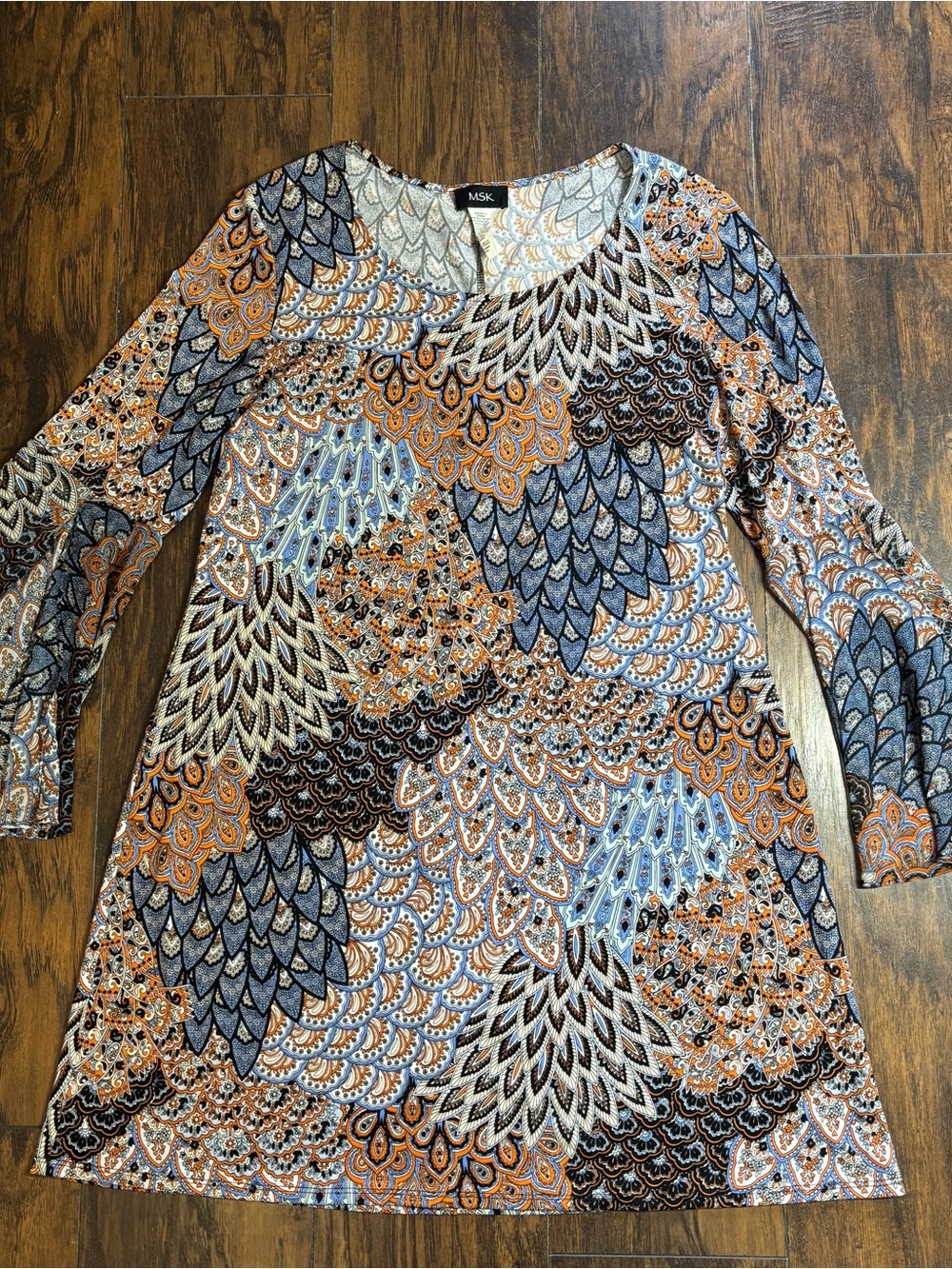 MSK Women’s Blue Orange and Brown Patterned Bell Sleeve Dress Size XL